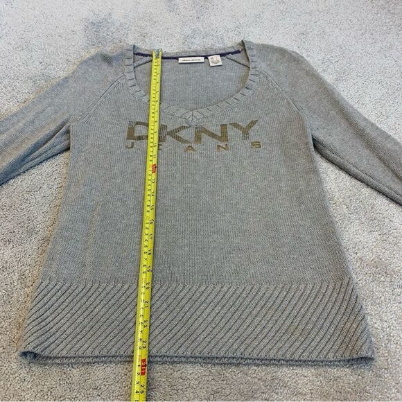 Dkny beige brown long sleeve V-neck metallic logo knit sweater Sz L - Picture 8 of 10